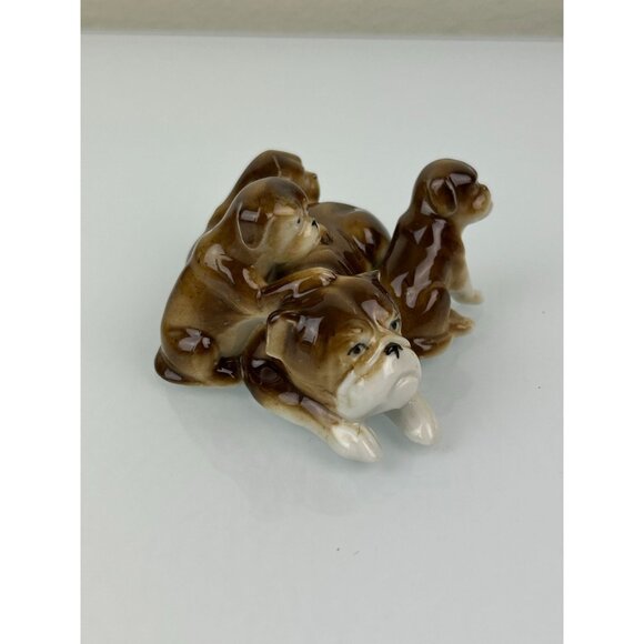 Vintage Ceramic Bulldog & Puppies Figure Brown Dogs Flaw Chipped Ear Home Decor - Picture 7 of 12